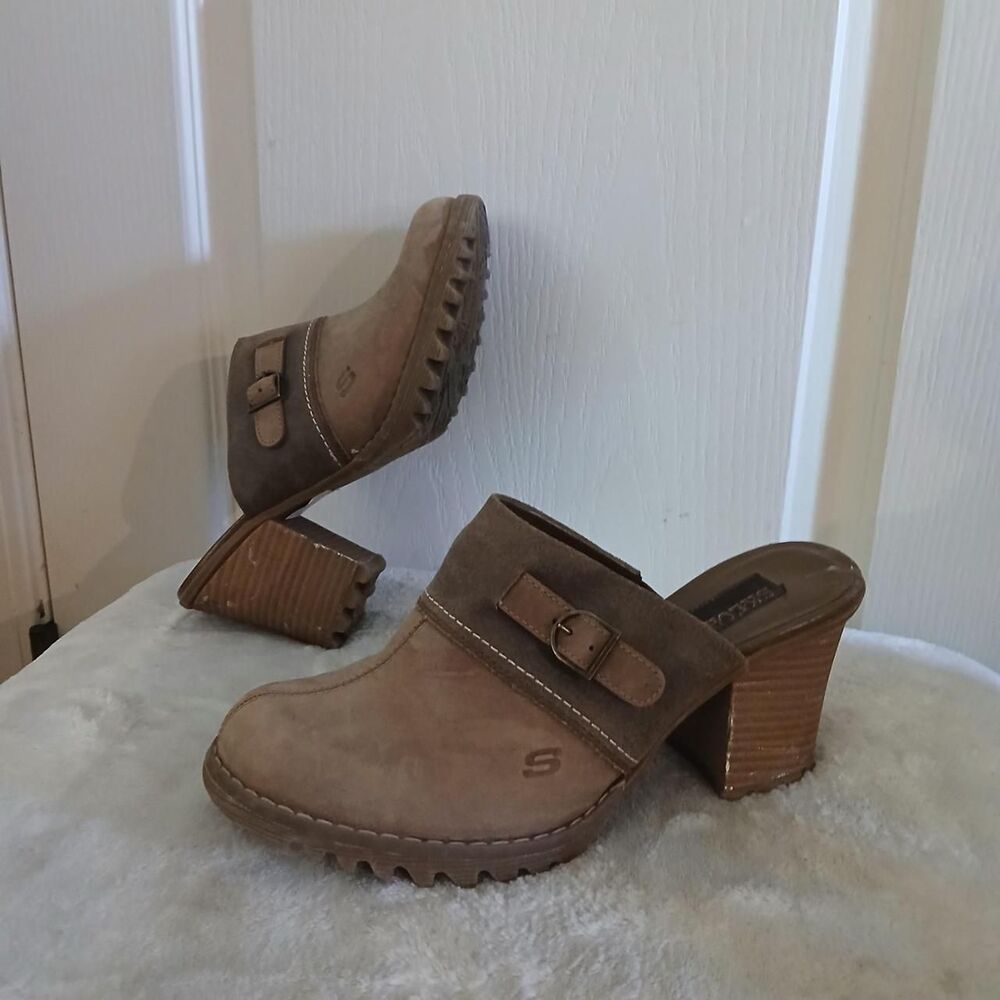 Y2K Skechers Girl Tan Leather & Suede Buckle Chunky Block Heel Lug Sole Mules 7